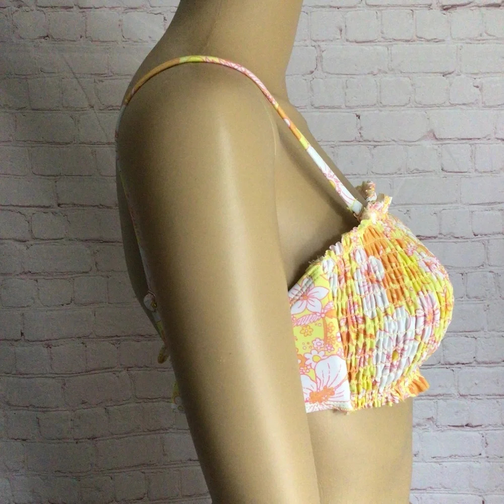 California Waves Yellow Floral Smocked Bandeau Bikini Top - NWT - Picture 2 of 8